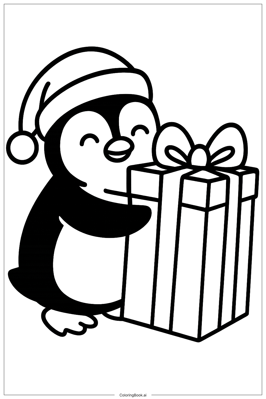  Weihnachtspinguin umarmt Geschenk Ausmalseite 