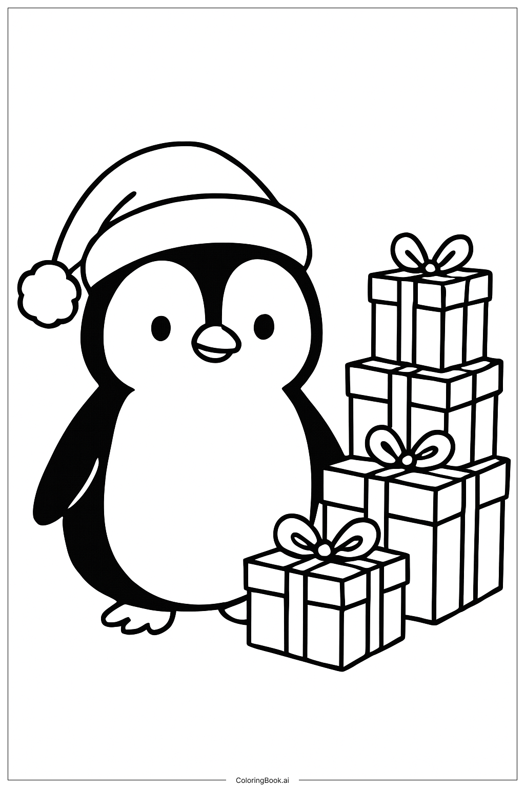  Weihnachtspinguin mit Geschenkehaufen Ausmalseite 