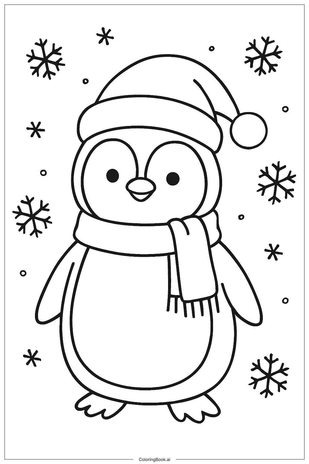  Weihnachtspinguin mit Schneeflocken Ausmalseite 