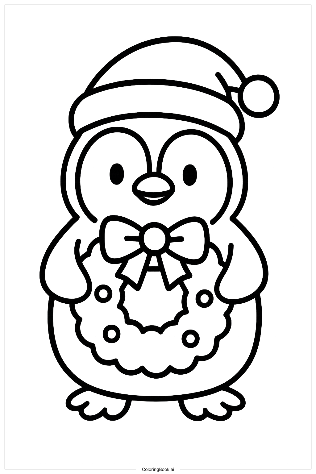 圣诞花环企鹅填色页（免费PDF\u0026PNG 可打印）, image size:1024x1536