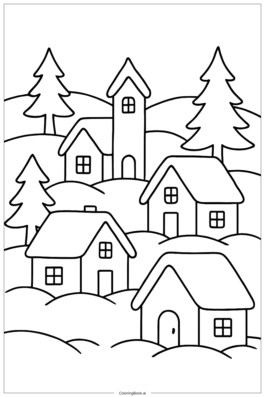  Christmas Snowy Village Houses Coloring Page 