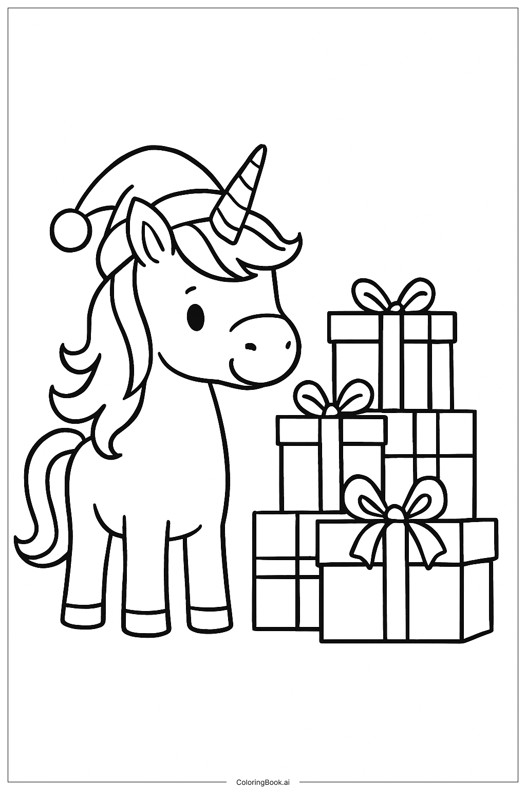  Christmas Unicorn At Presents Pile Coloring Page 