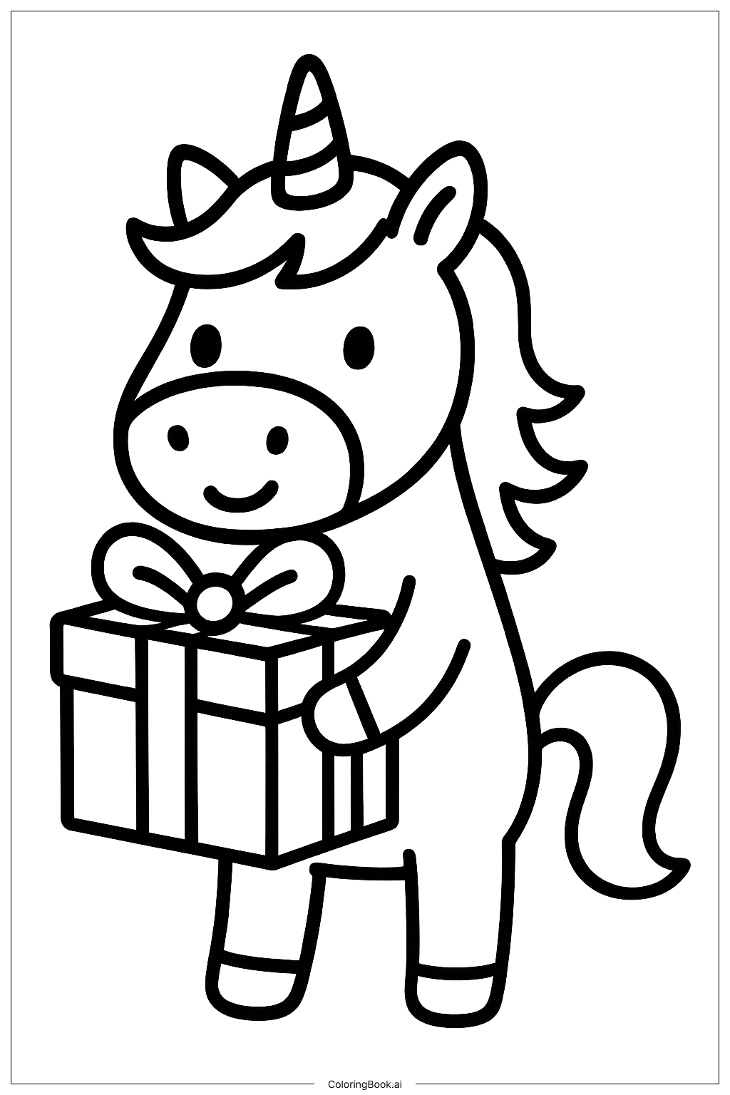  Christmas Unicorn Holding Present Coloring Page 