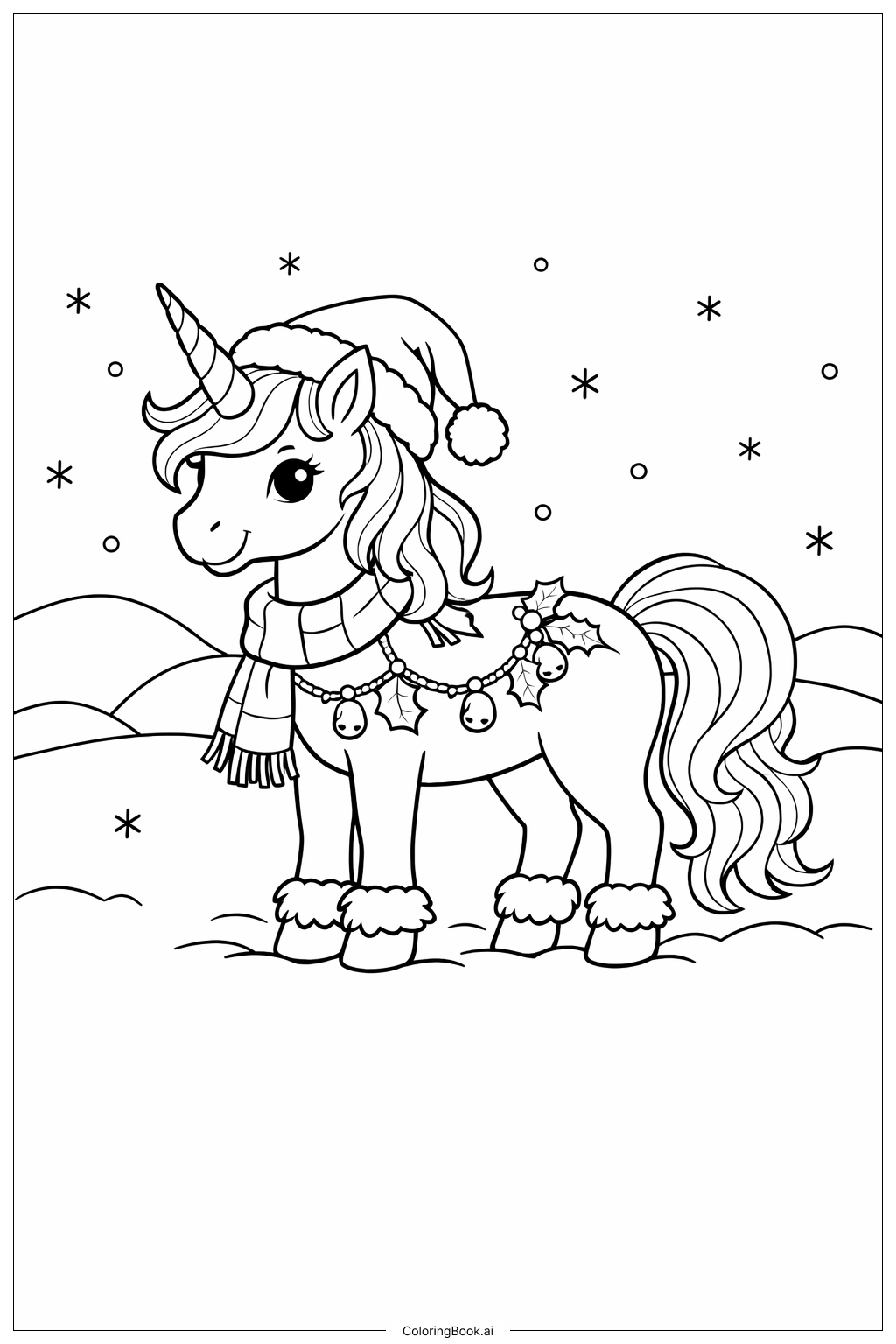  Christmas Unicorn In Snowy Field Coloring Page 