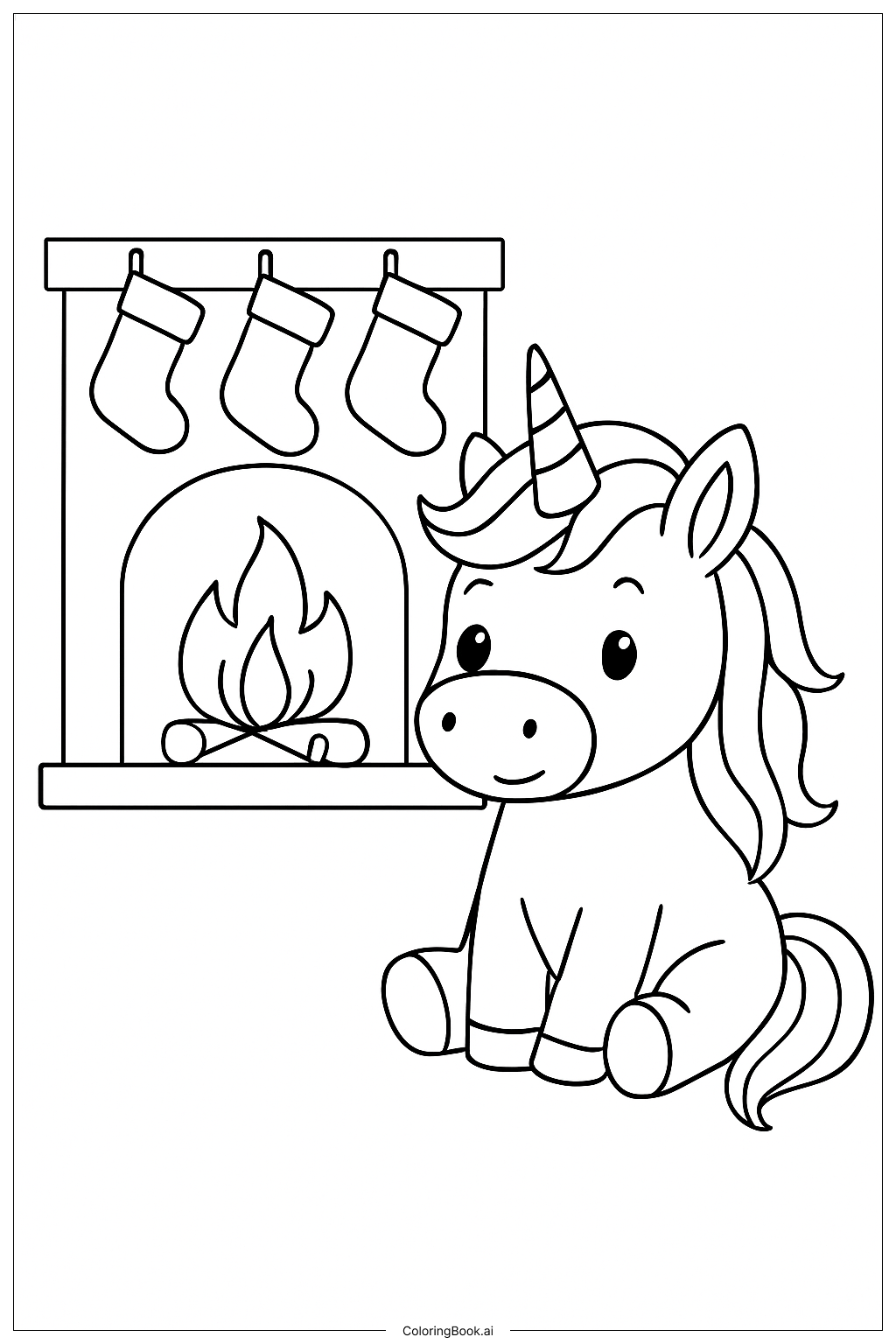  Christmas Unicorn Near Fireplace Coloring Page 