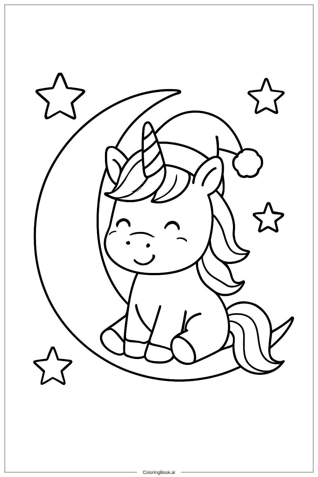  Christmas Unicorn On Moon With Stars Coloring Page 