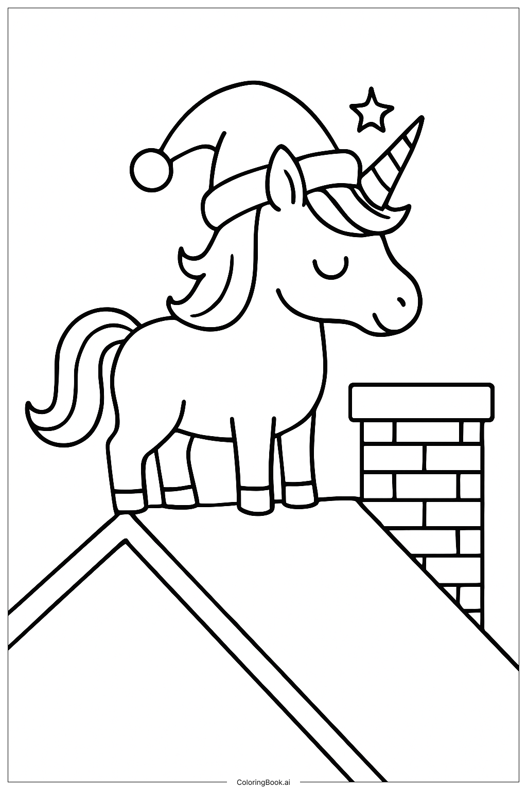  Christmas Unicorn On Roof With Chimney Coloring Page 