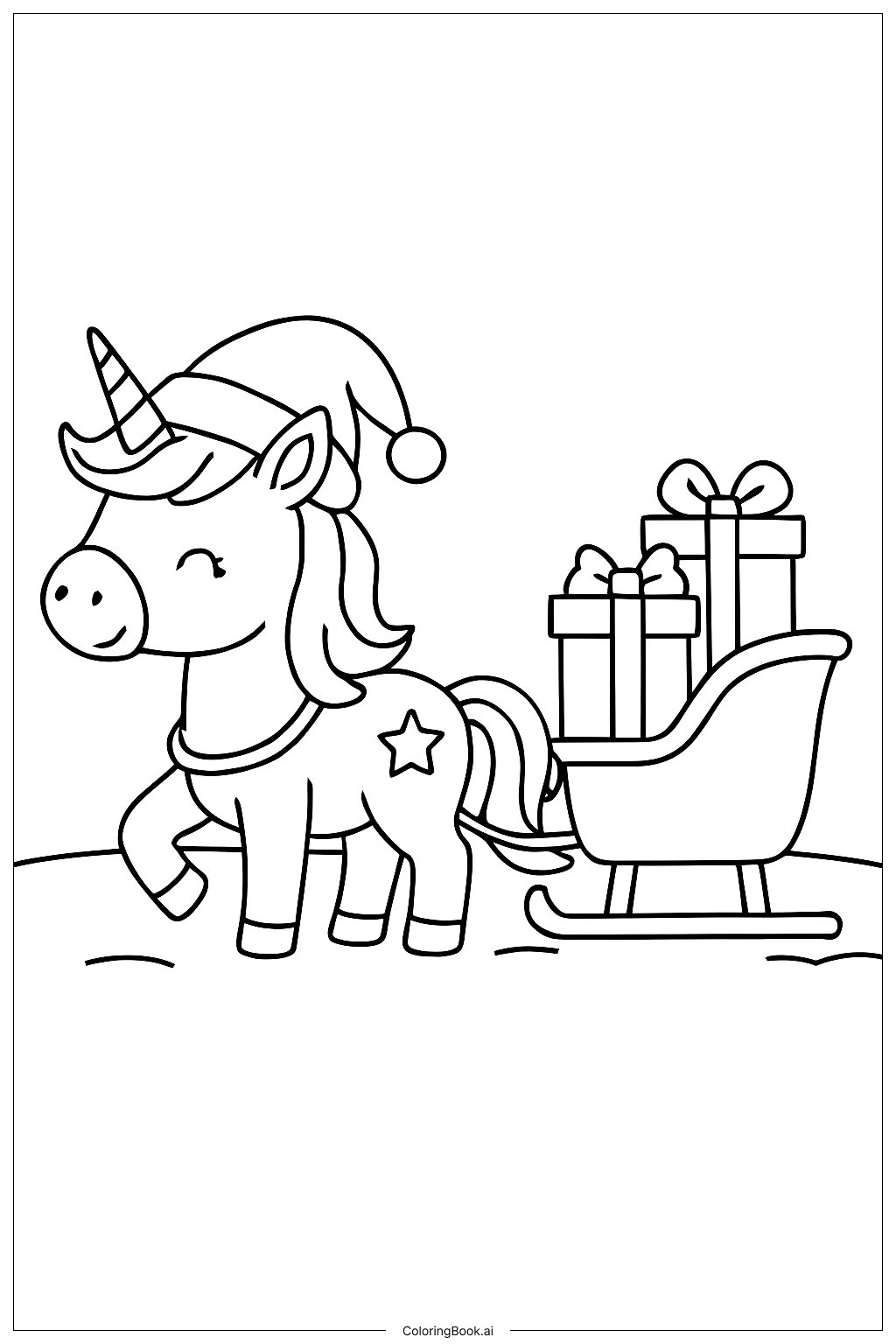  Christmas Unicorn Pulling Sleigh Coloring Page 
