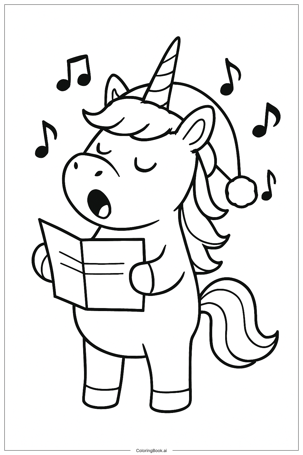  Christmas Unicorn Singing Carols Coloring Page 
