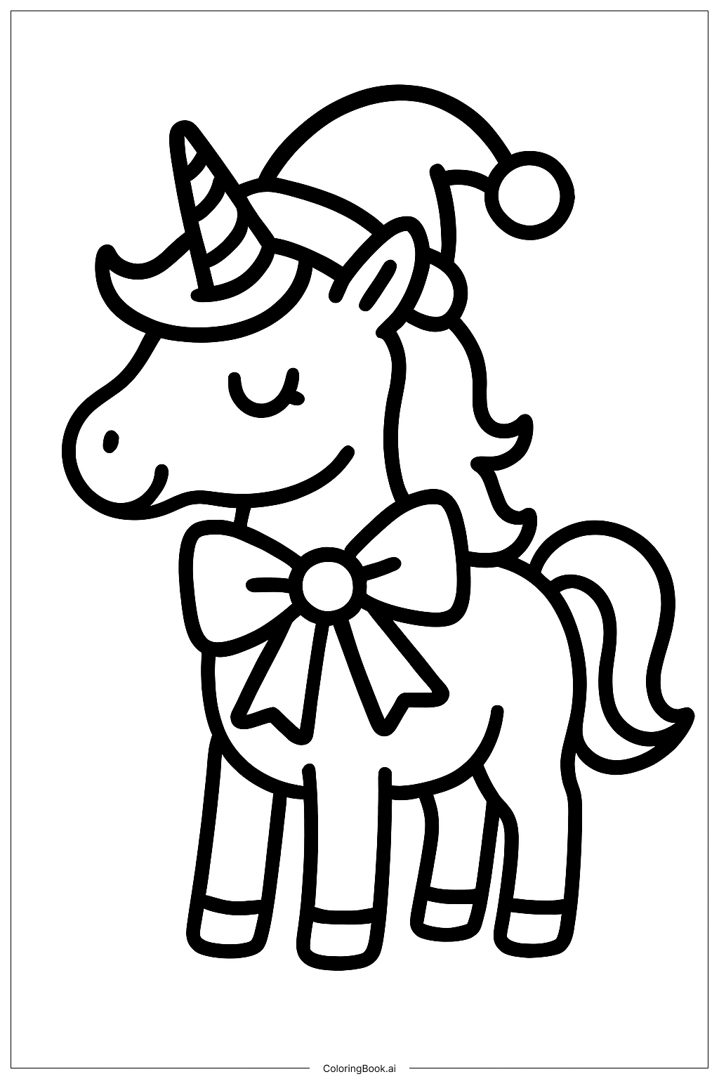  Christmas Unicorn With Bow Coloring Page 