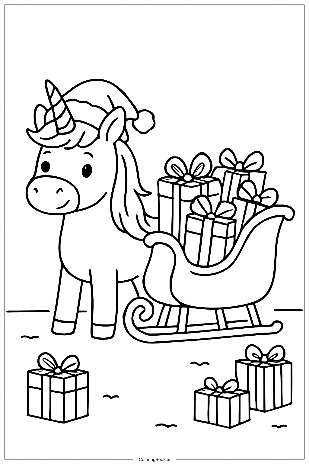  Christmas Unicorn With Sleigh Coloring Page 