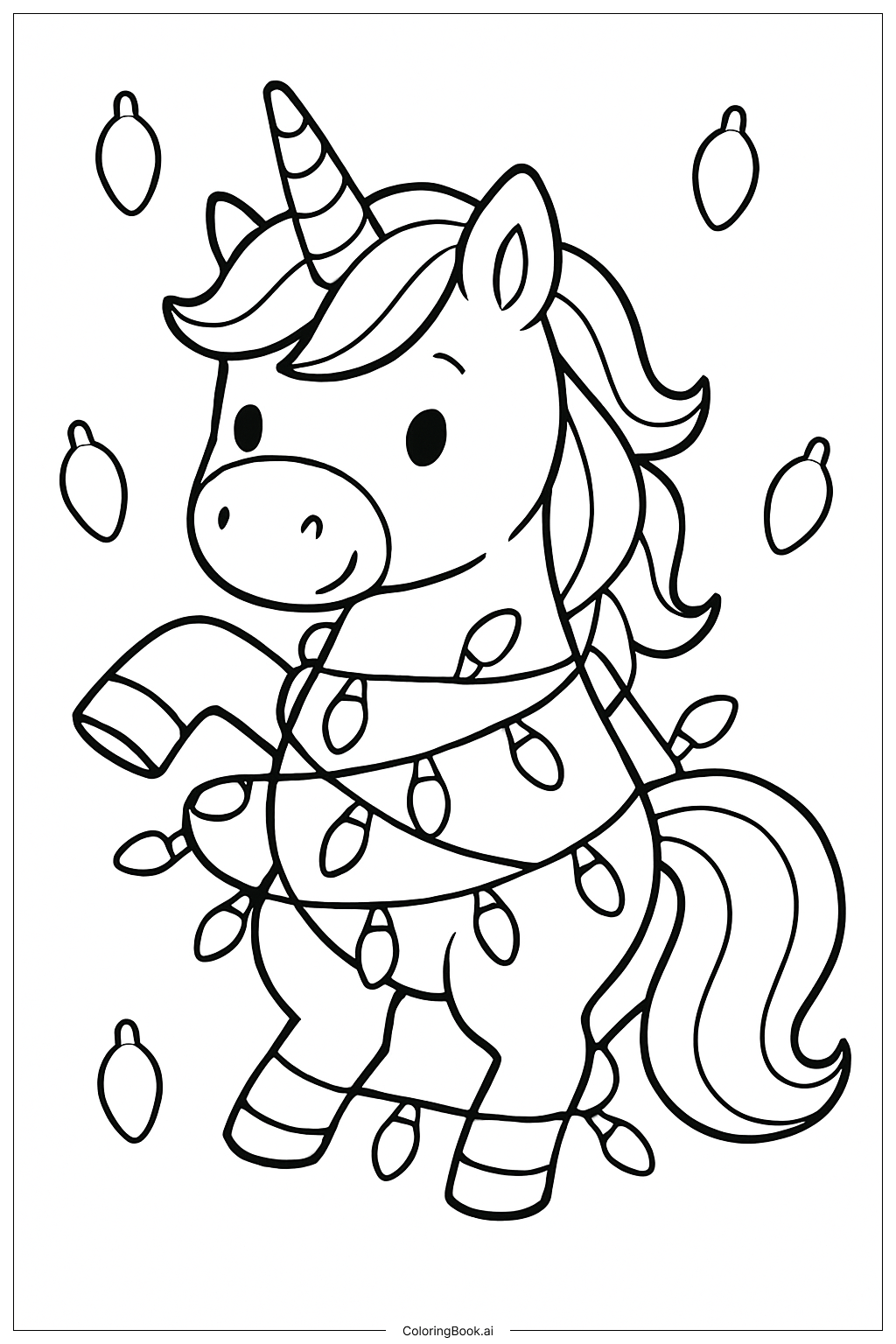  Christmas Unicorn Wrapped In Lights Coloring Page 