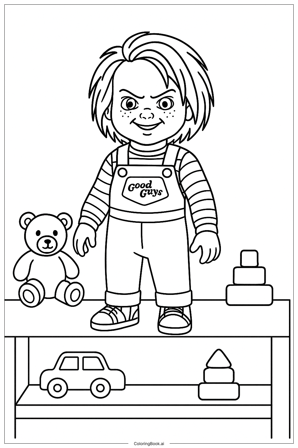Chucky sur une étagère à jouets