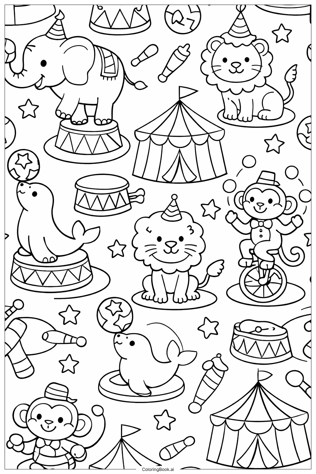 动物主题马戏团图案填色页 