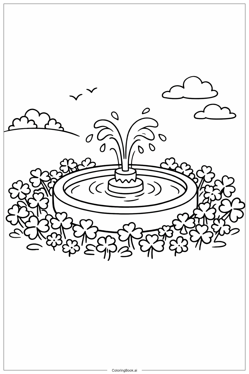  三叶草与喷泉填色页 