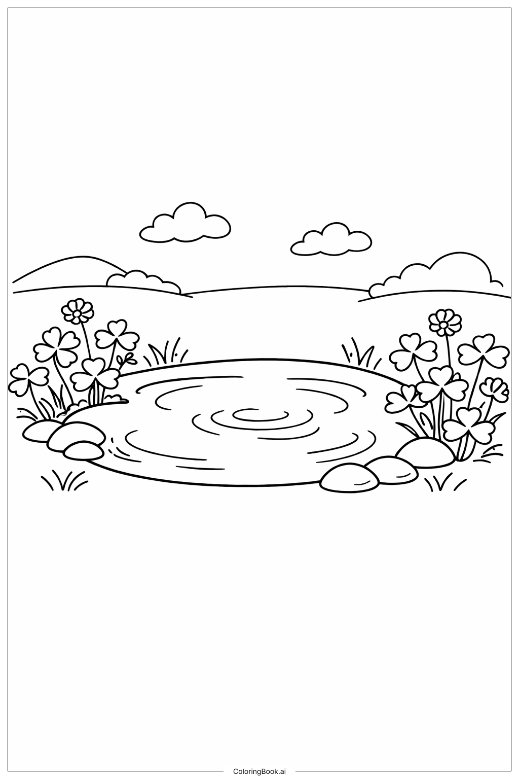  三叶草和小池塘填色页 