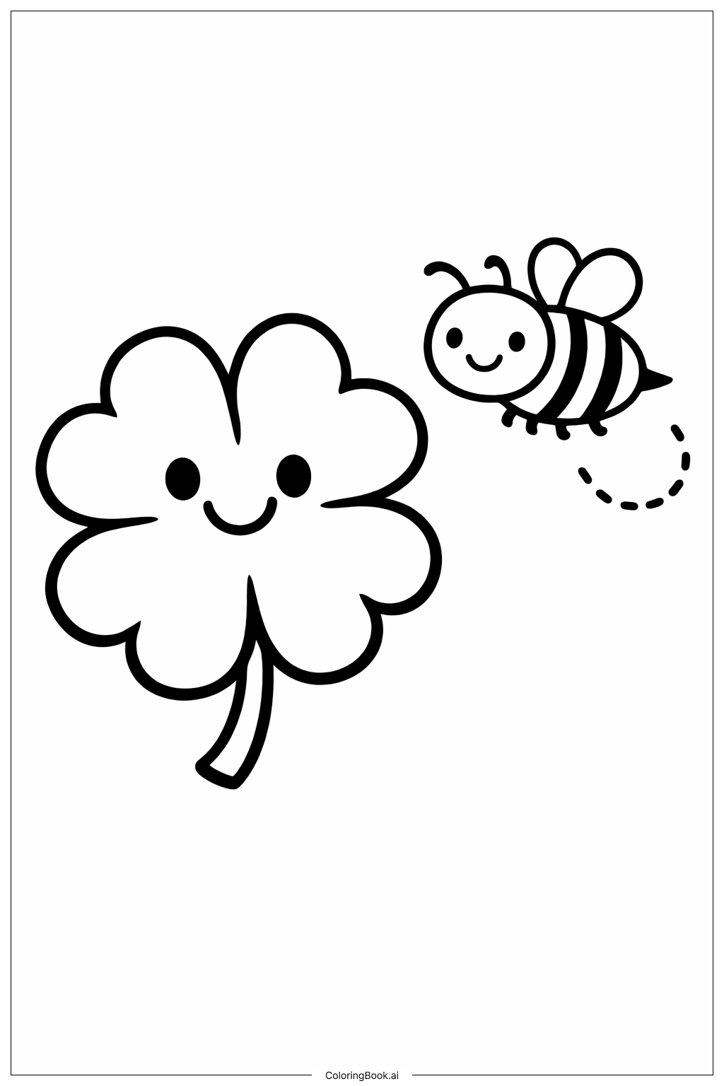 带笑脸的小蜜蜂和四叶草填色页