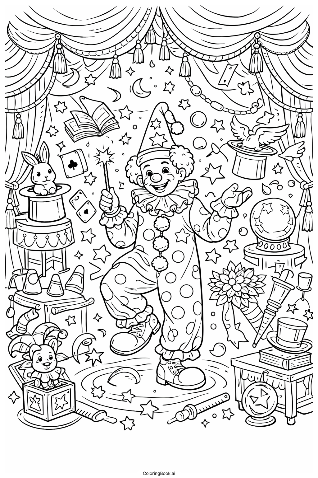  Clown In Magical Stage Scene Coloring Page 