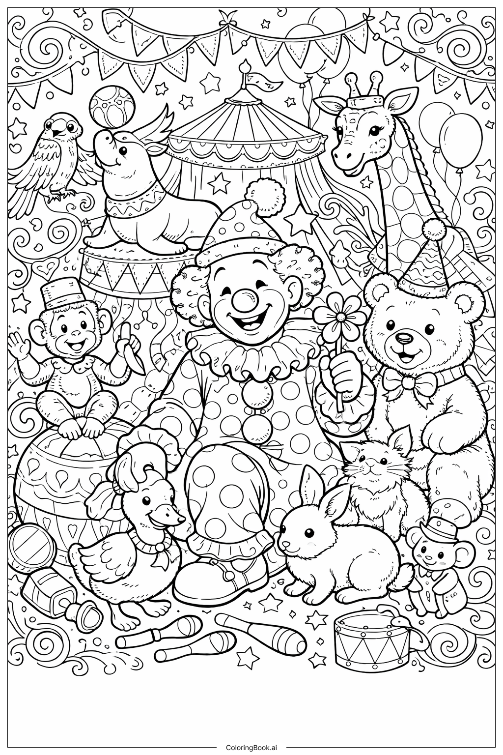  Página para colorir de Palhaço Encontrando Amigos Animais 