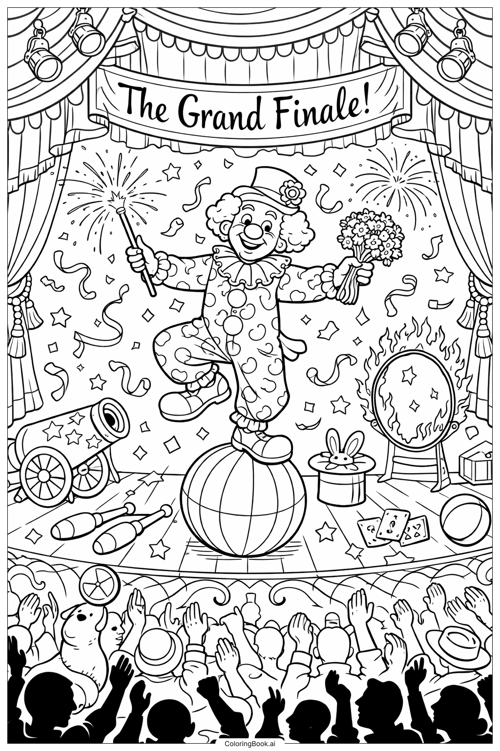 Página para colorir de Palhaço Realizando o Ato Final 