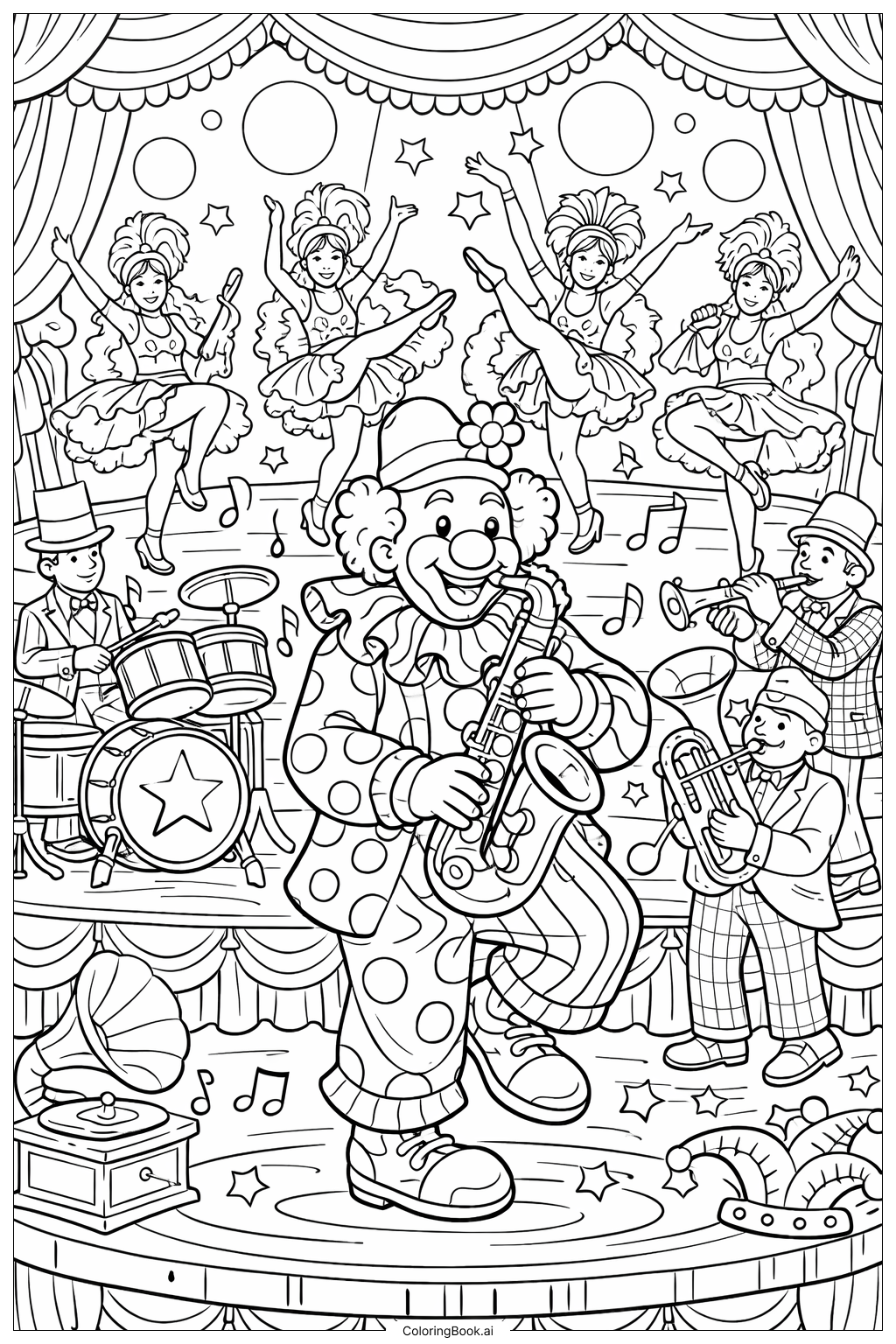 帶樂團與舞者的小丑著色頁
