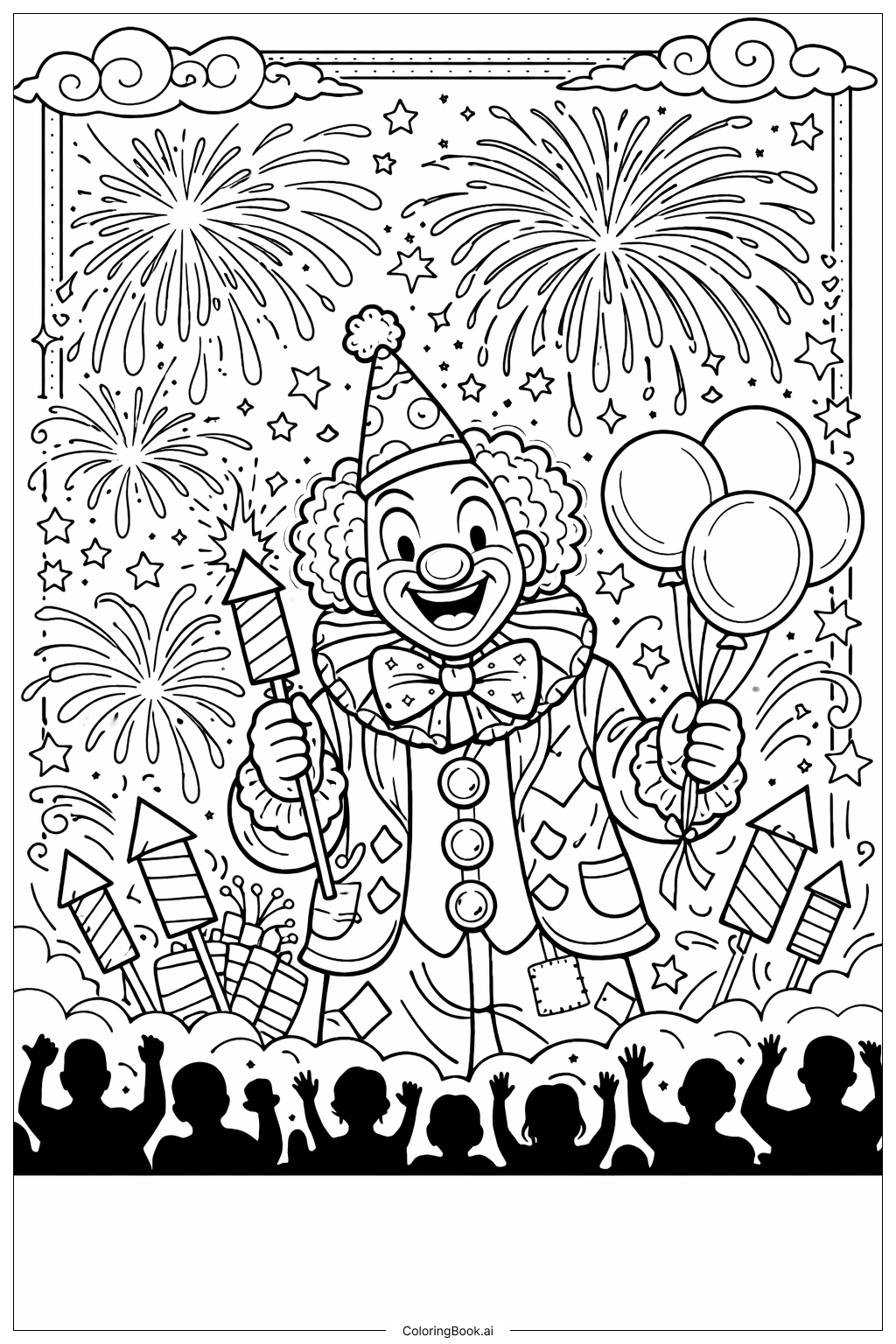  Página para colorir de Palhaço com Fundo de Fogos de Artifício 