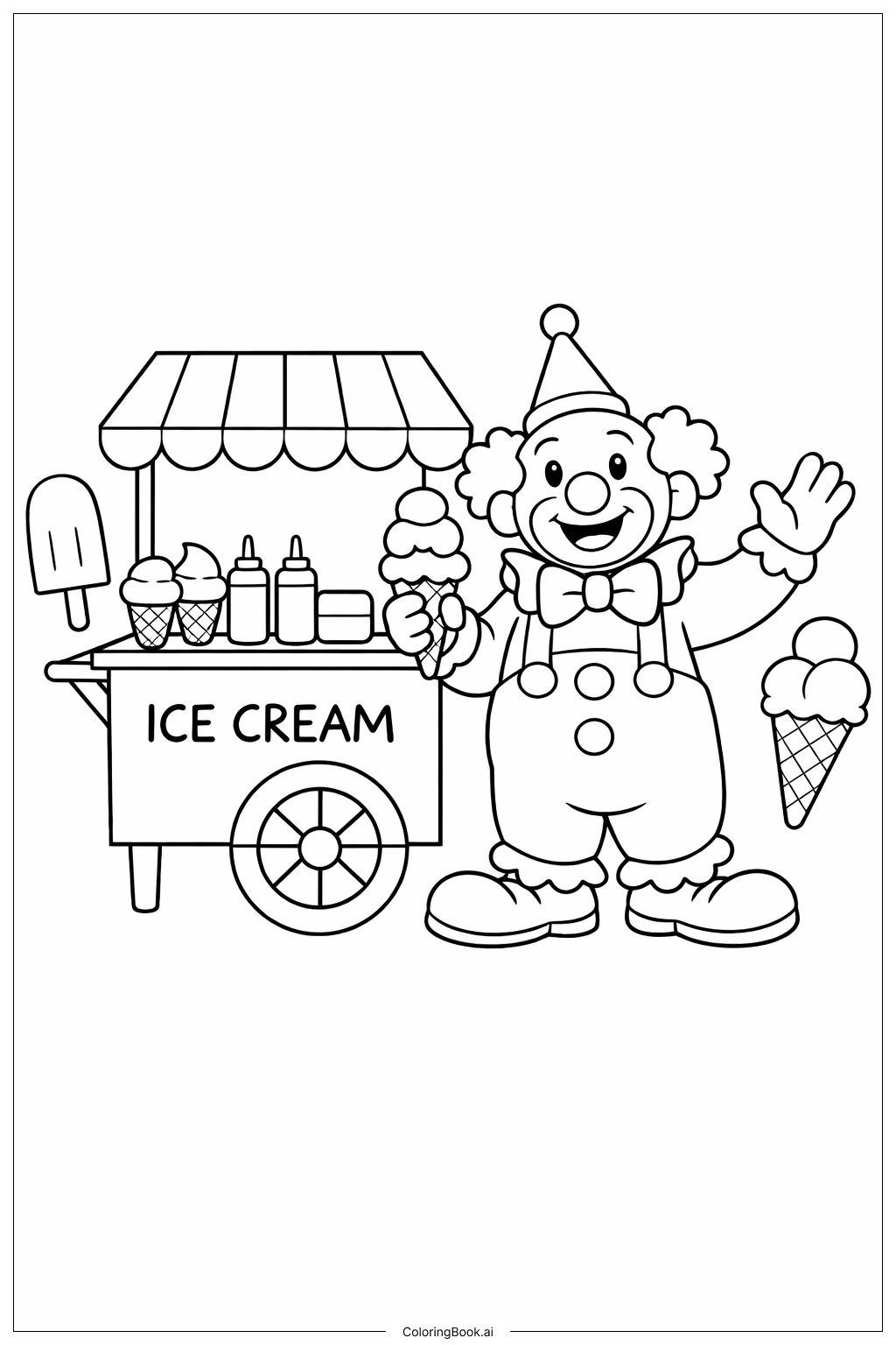 アイスクリームカートのピエロの塗り絵ページ