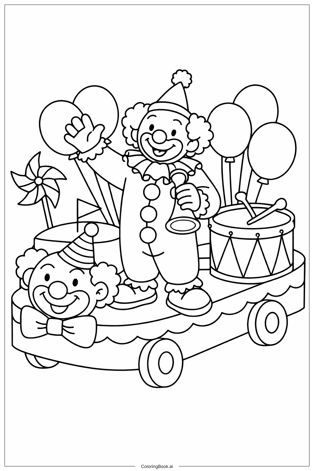 パレードのフロートとピエロの塗り絵ページ