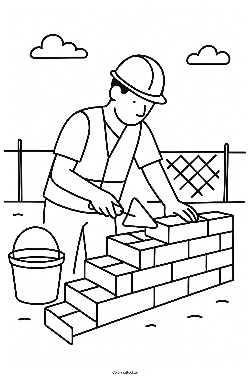  建筑砌砖工人工作中填色页 