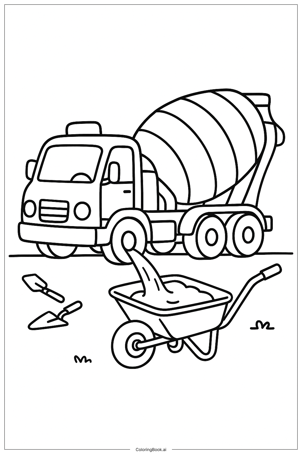  Baustellen-Zementmischer beim Eingießen Ausmalseite 