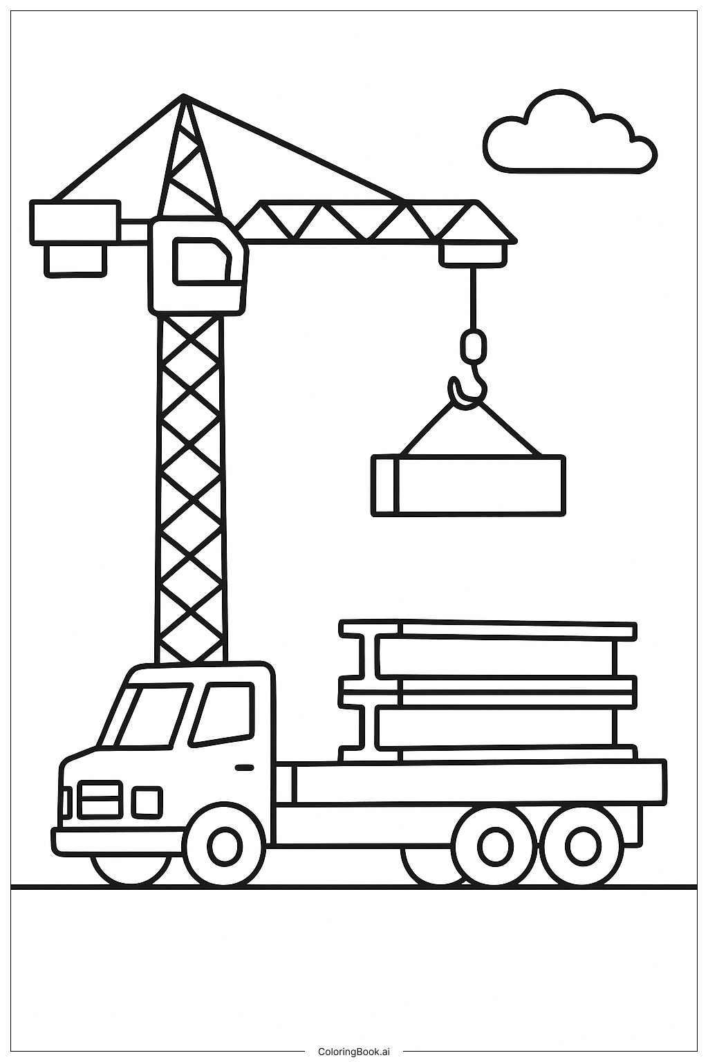  건설 크레인과 트럭 색칠공부 페이지 