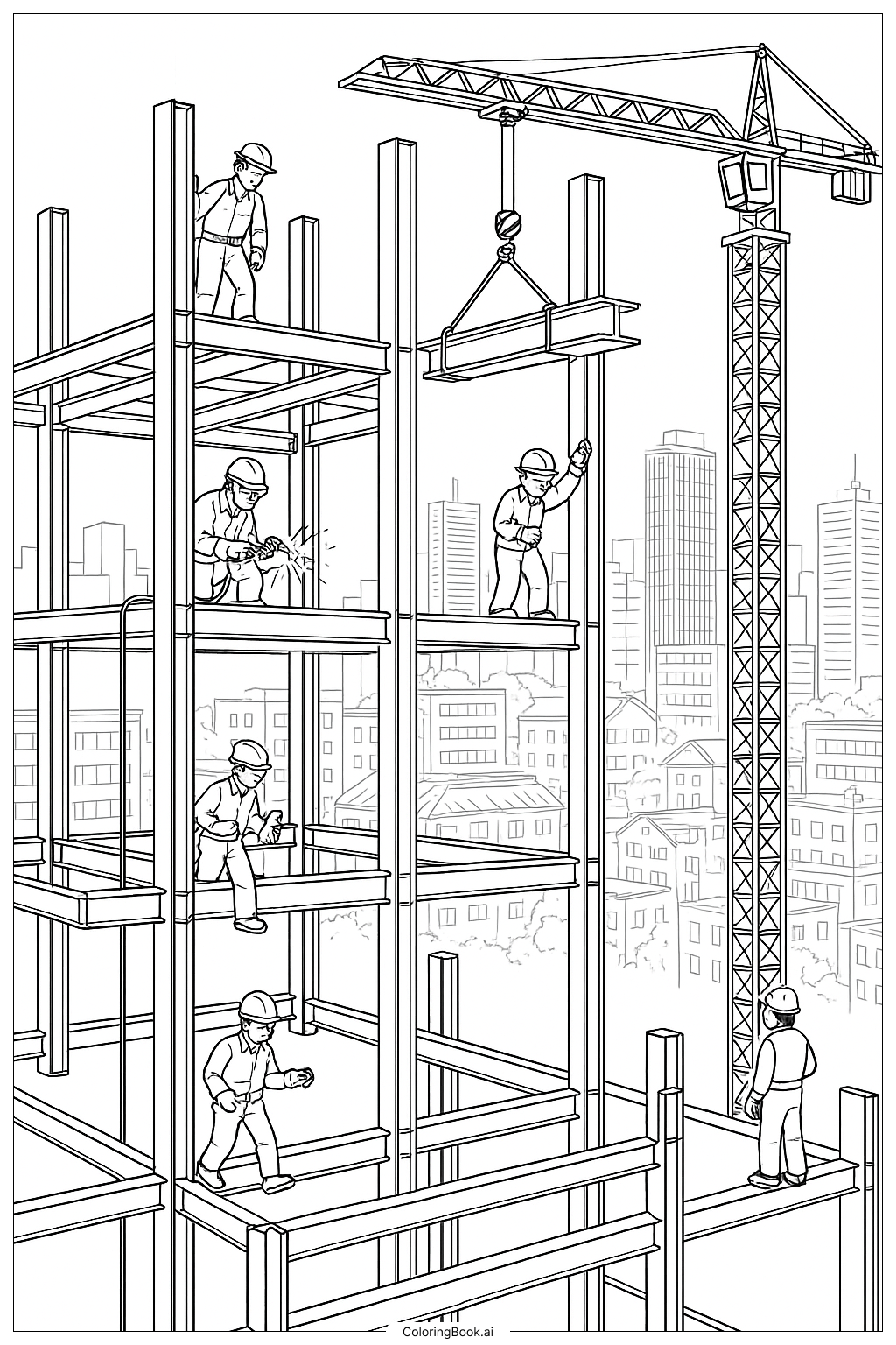 高層建設の骨組み組立ての塗り絵ページ 