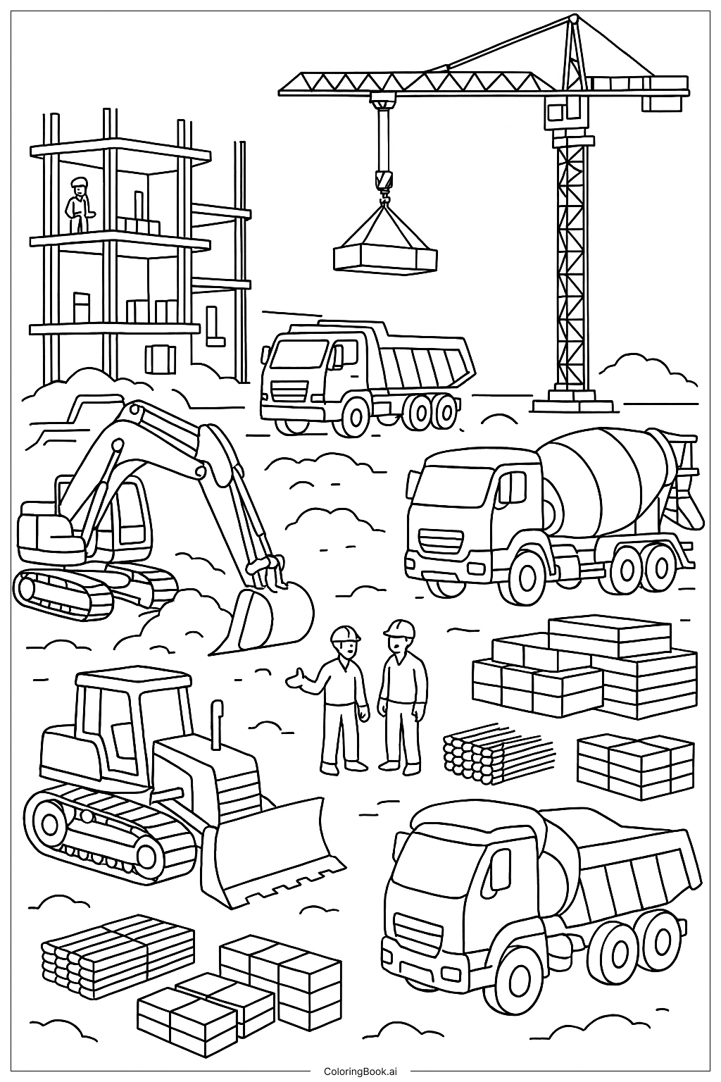  Página para colorear de Sitio de Construcción con Múltiples Vehículos 