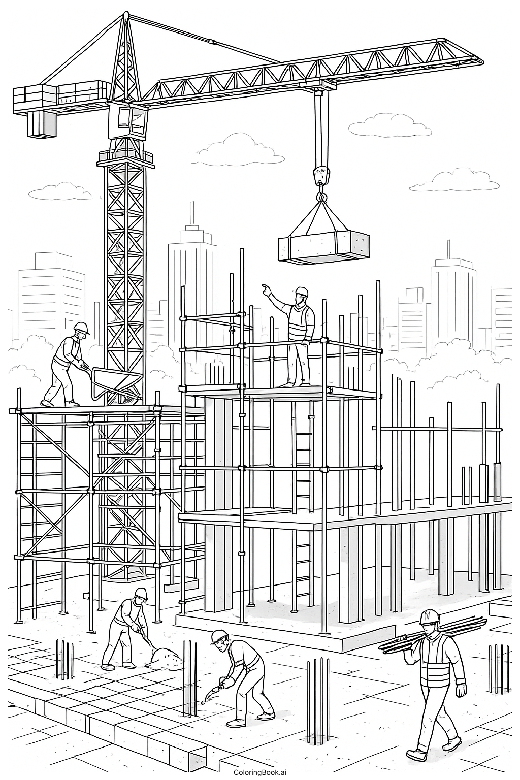  タワークレーンのある建設現場の塗り絵ページ 