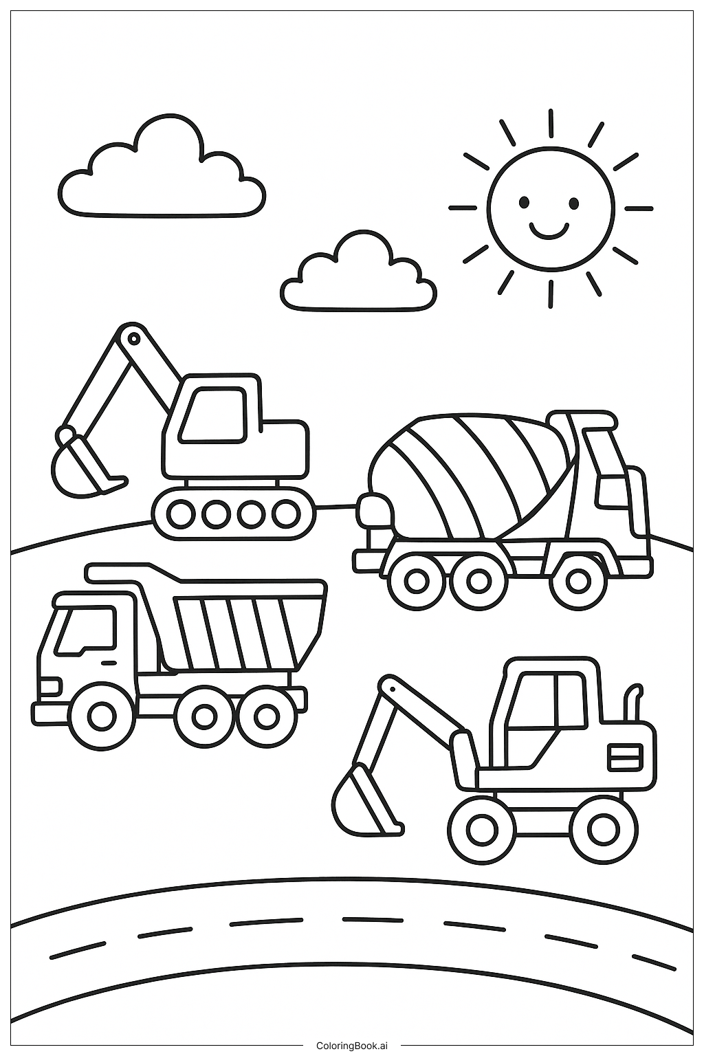  Baustellenfahrzeug-Konvoi Ausmalseite 