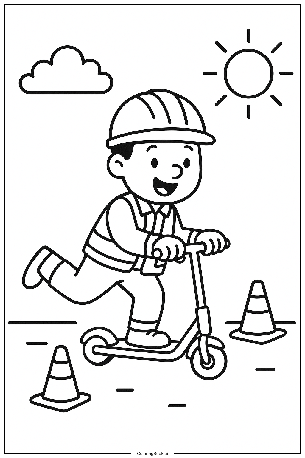  建築工人騎著滑板車著色頁 