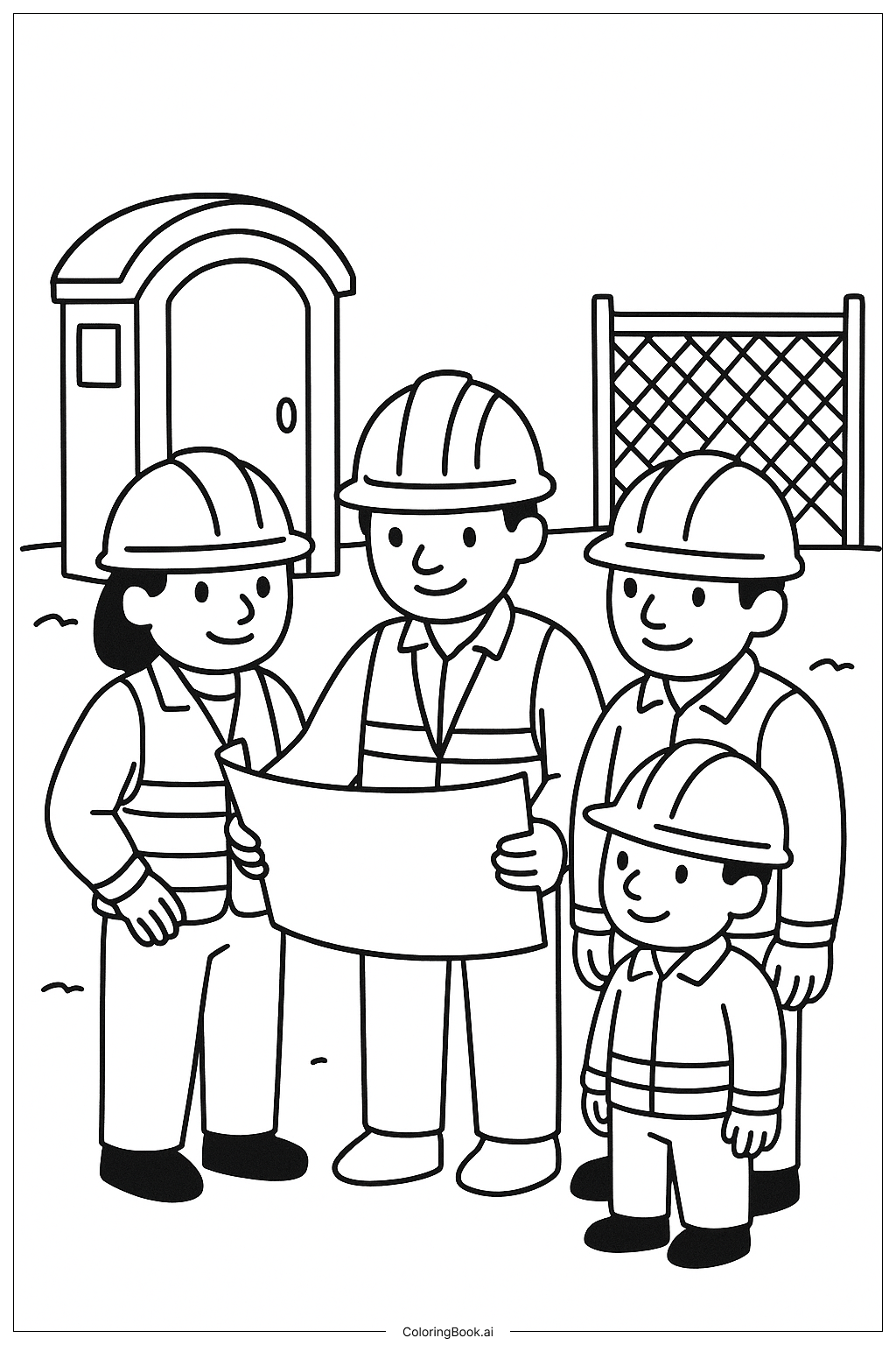  Page de coloriage Réunion de l'équipe de travailleurs du bâtiment 