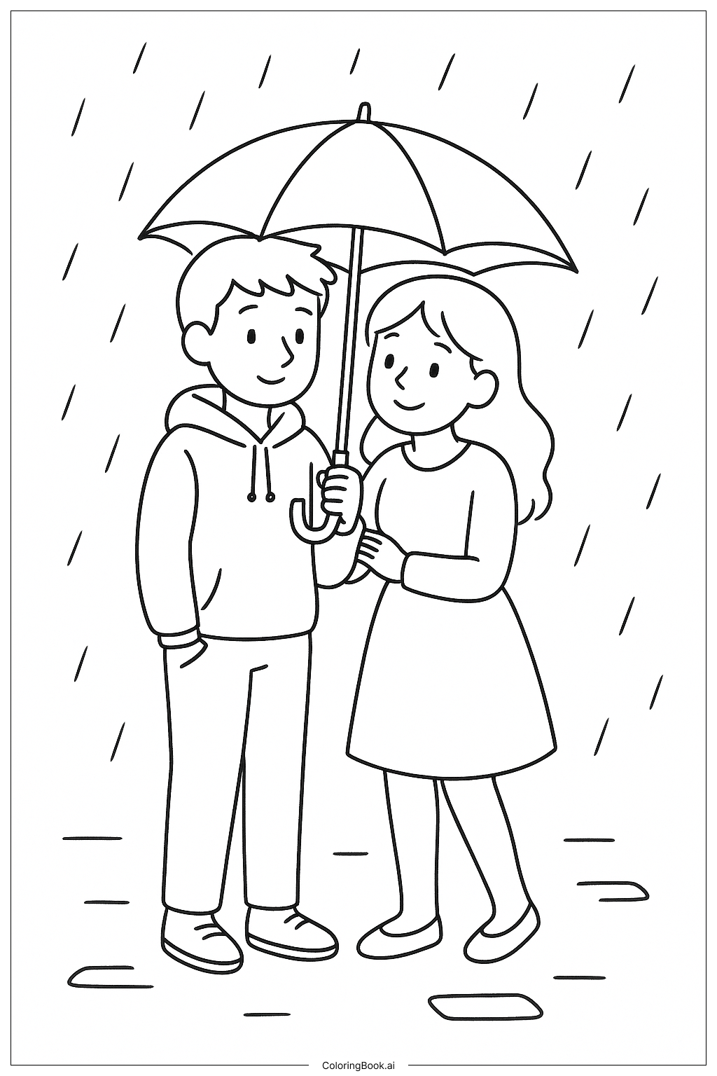  一对情侣共用一把伞填色页 