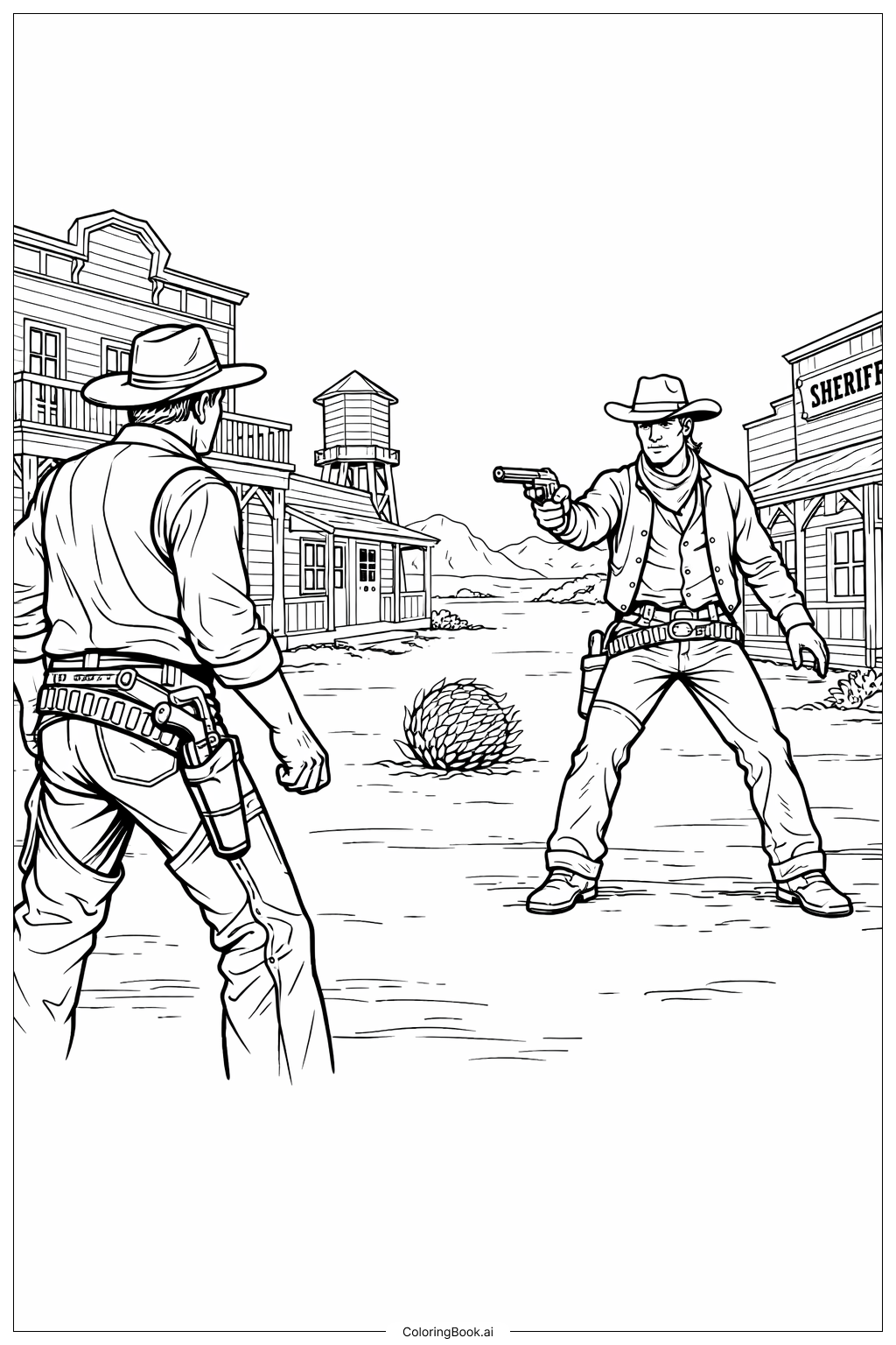  Cowboy Duel Gun Scene Coloring Page 