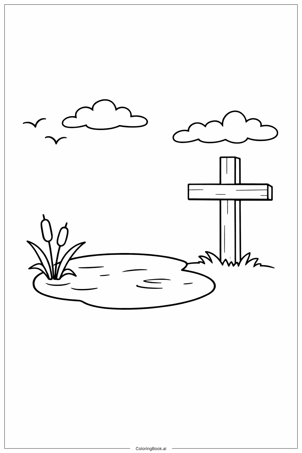  Page de coloriage Croix et Étang 