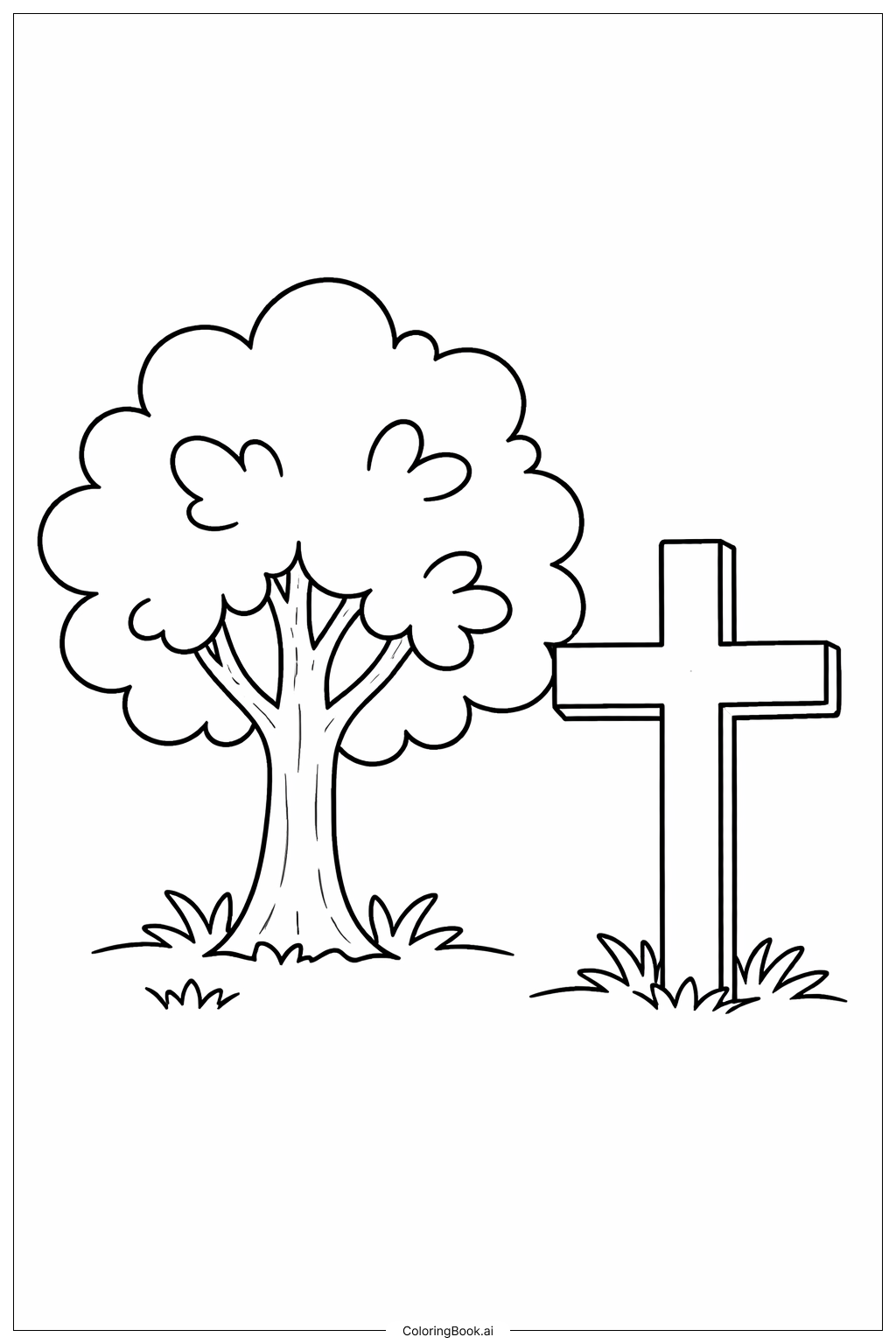  Page de coloriage Croix à côté d'un arbre 