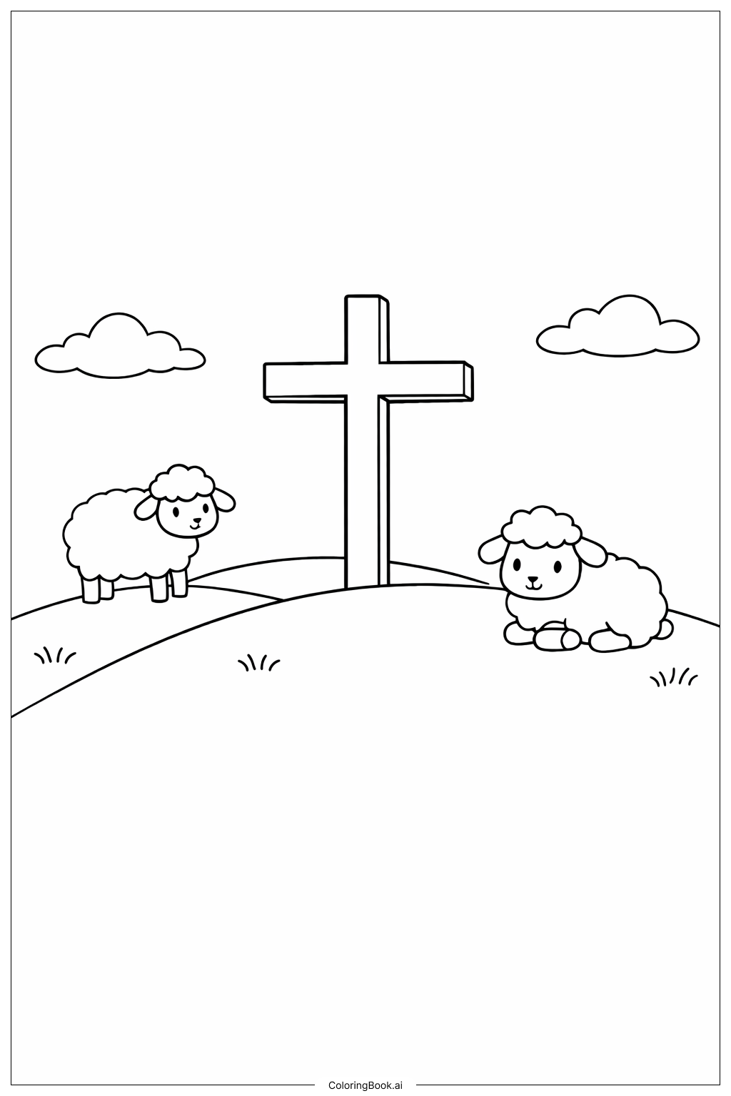  Página para colorear de Cruz en la colina con ovejas 