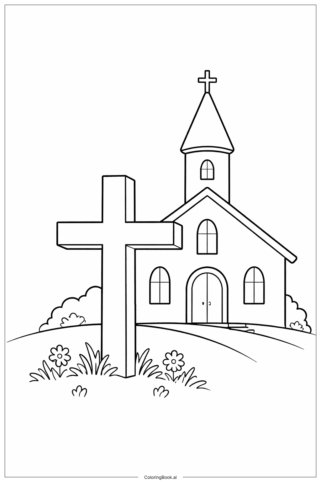  Página para colorear de Cruz con contorno de iglesia 