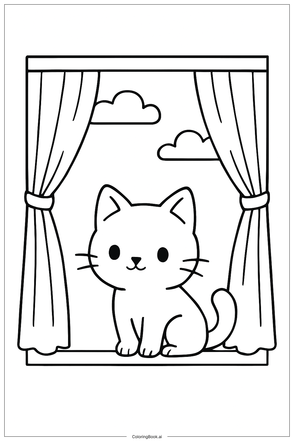  Página para colorir de Gato Fofo na Janela 