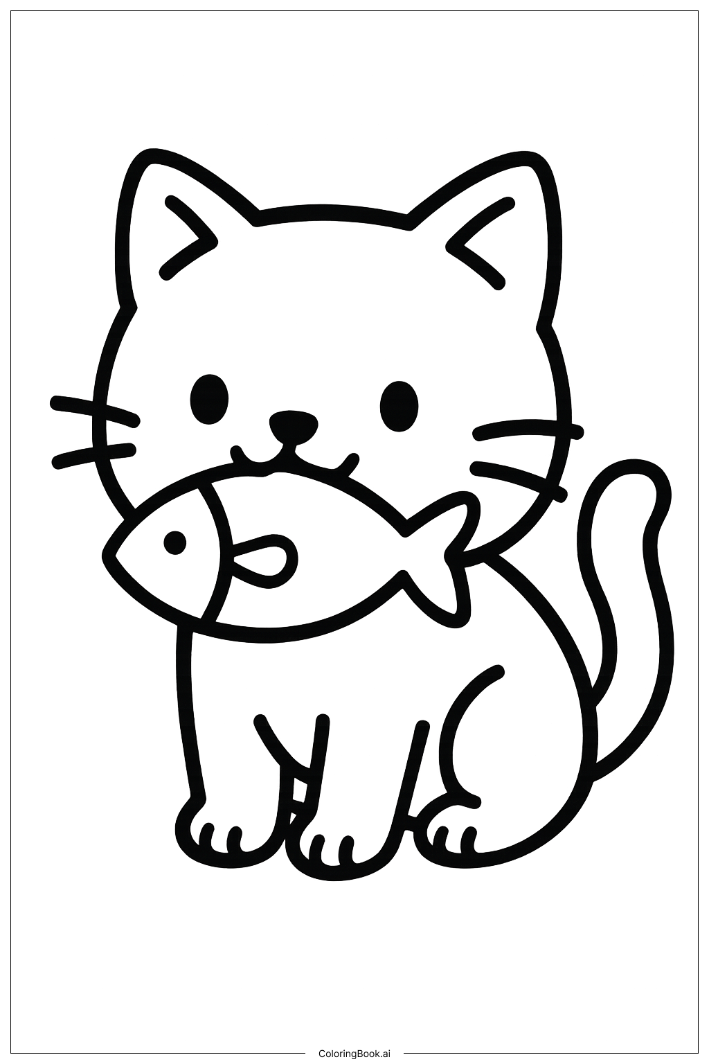  Página para colorir de Gatinho Fofo Carregando um Peixe 