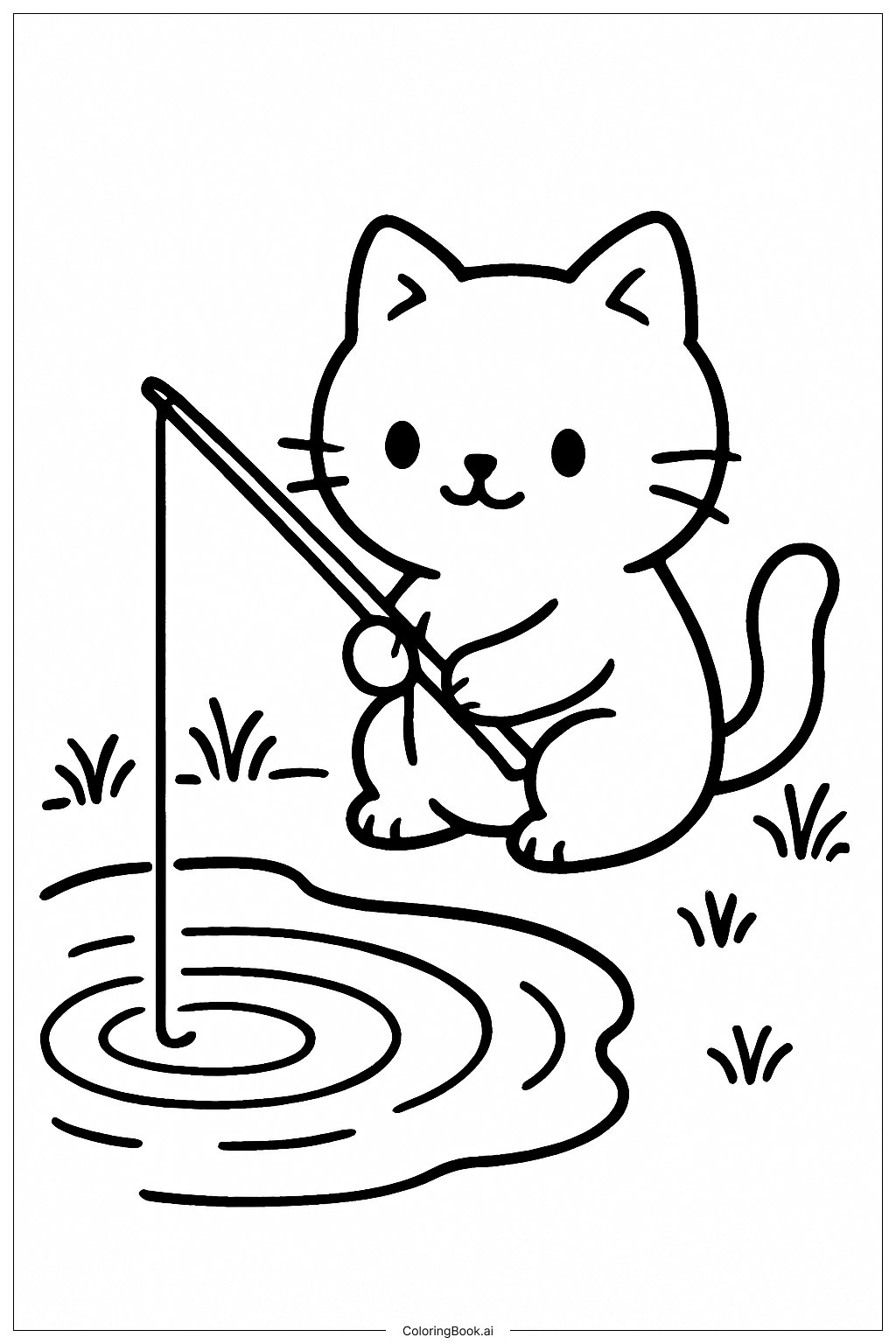  Página para colorir de Gato Fofo Pescando 