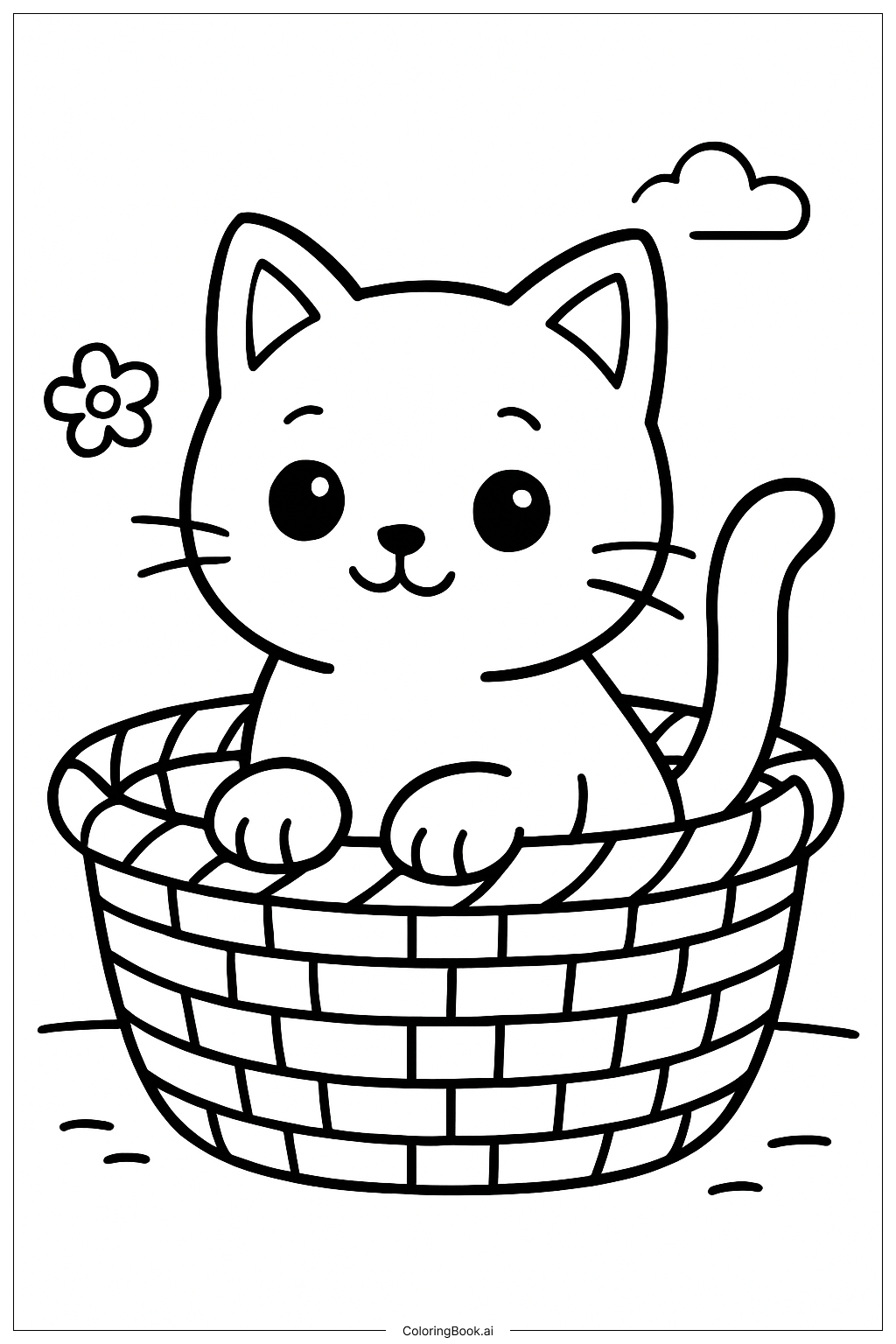  Página para colorir de Gatinho Fofo na Cesta 