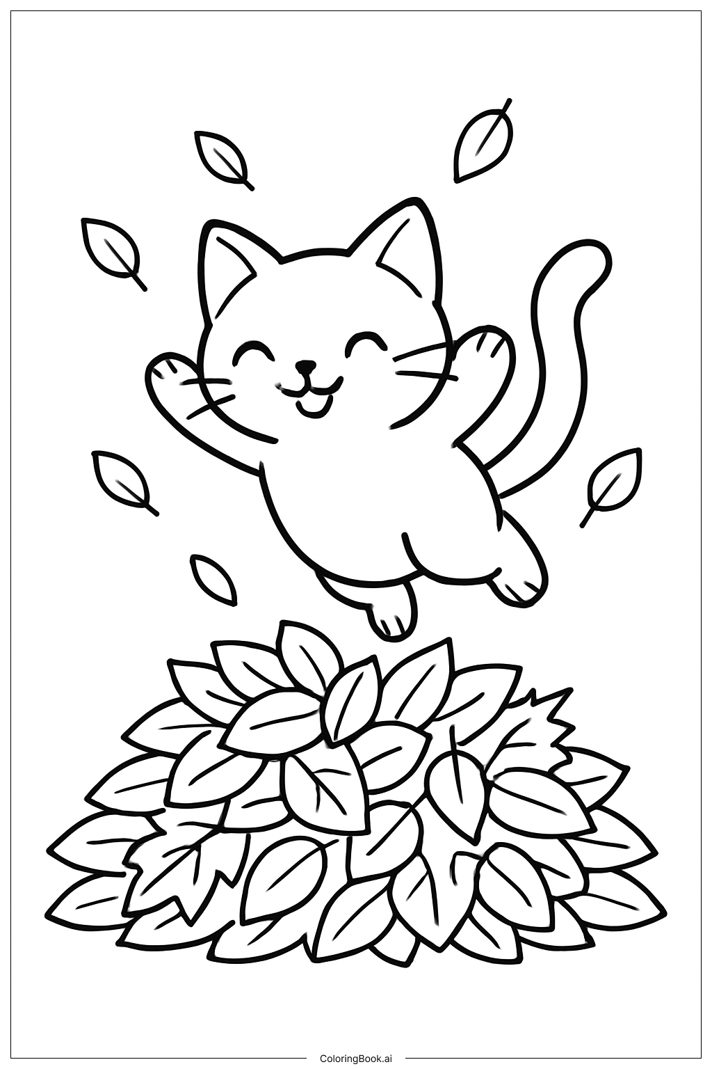  Página para colorir de Gato Fofo Brincando nas Folhas 