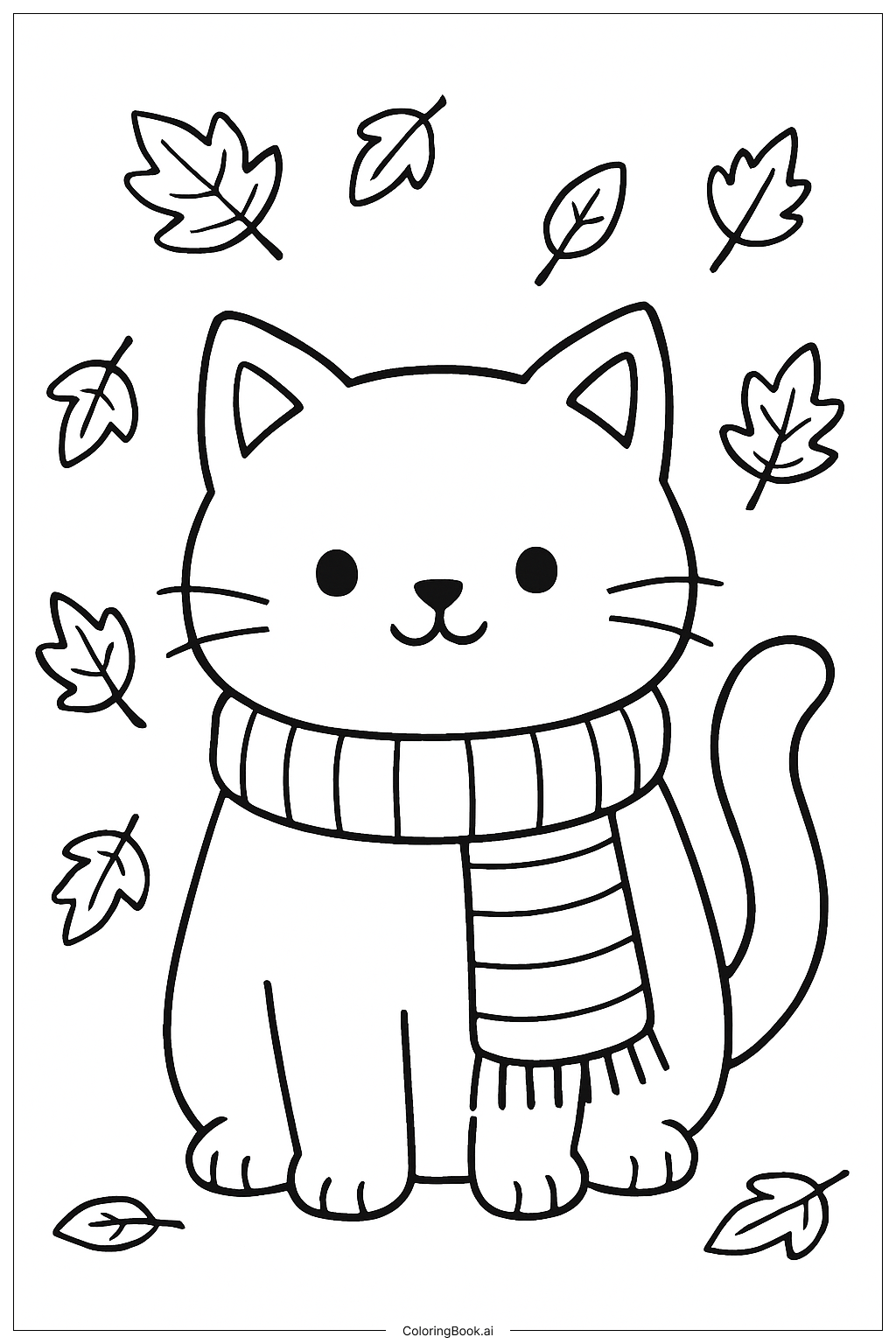  Página para colorir de Gato Fofo Usando Cachecol 