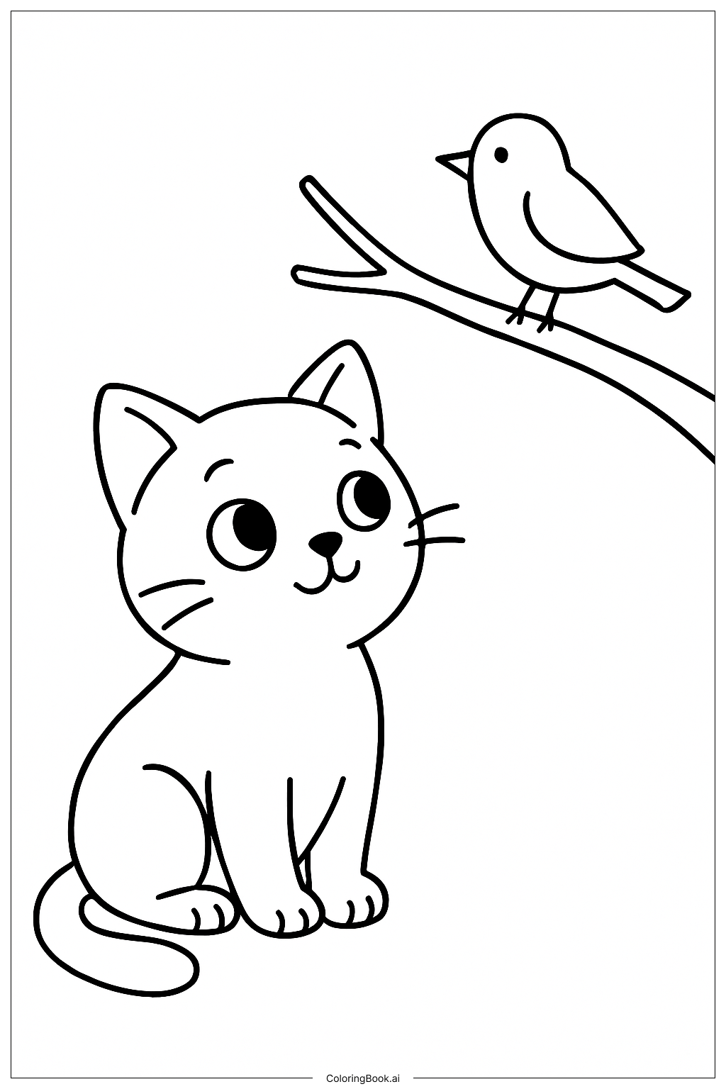  Página para colorir de Gato Fofo com Pássaro 